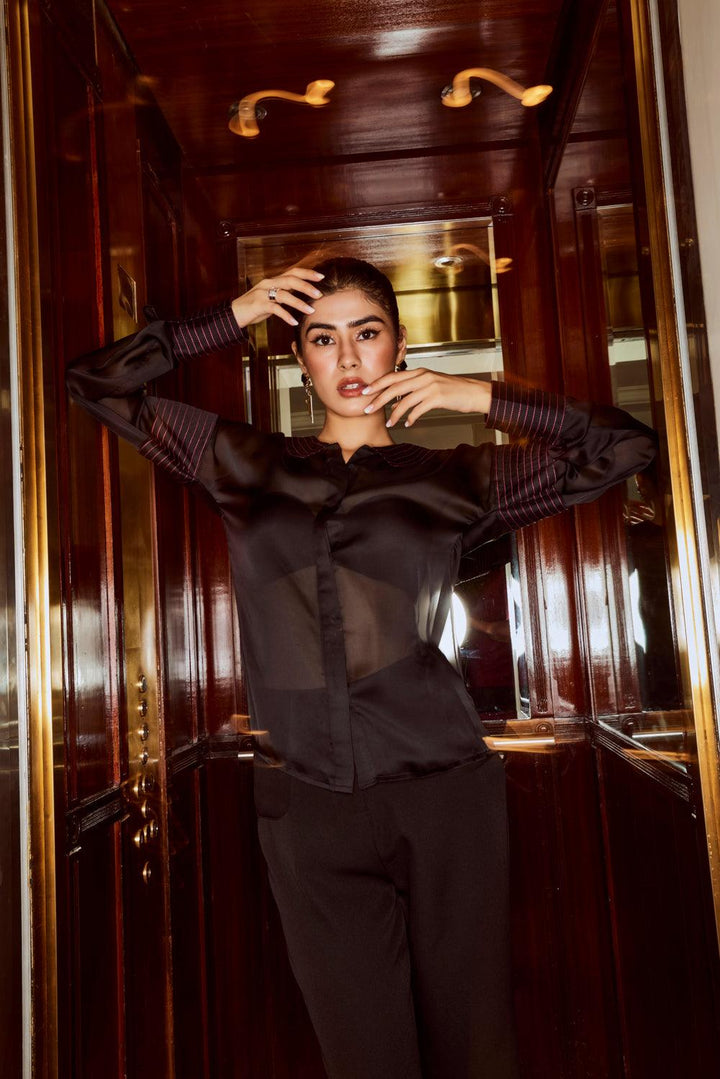 Black Sheer Shirt with Contrasting Thread - ANI CLOTHING